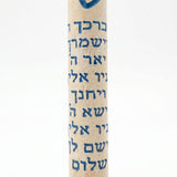Threefold Blessing Jerusalem stone mezuzah case with blue Shin and full Hebrew Birkat Kohanim inscription