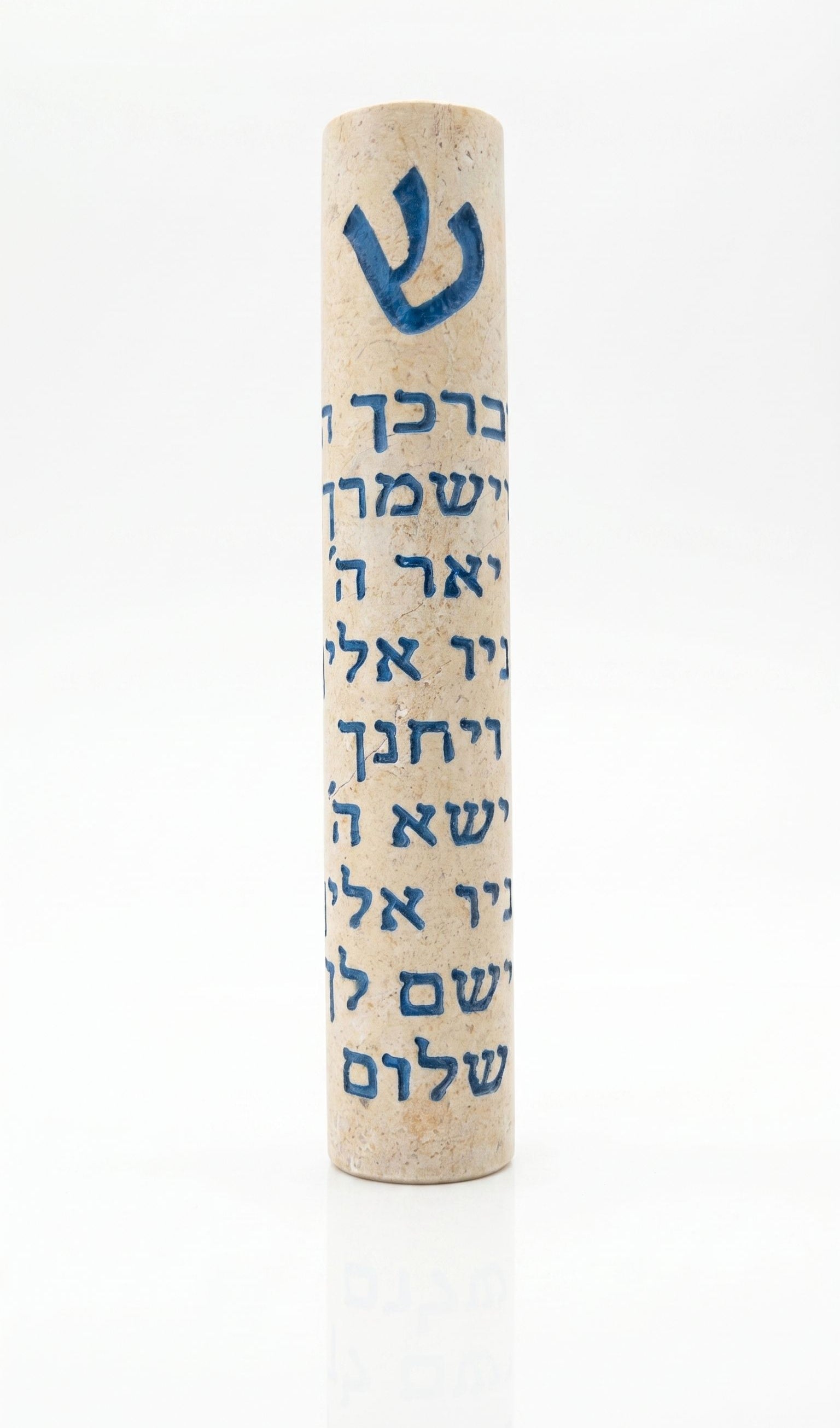 Threefold Blessing Jerusalem stone mezuzah case with blue Shin and full Hebrew Birkat Kohanim inscription
