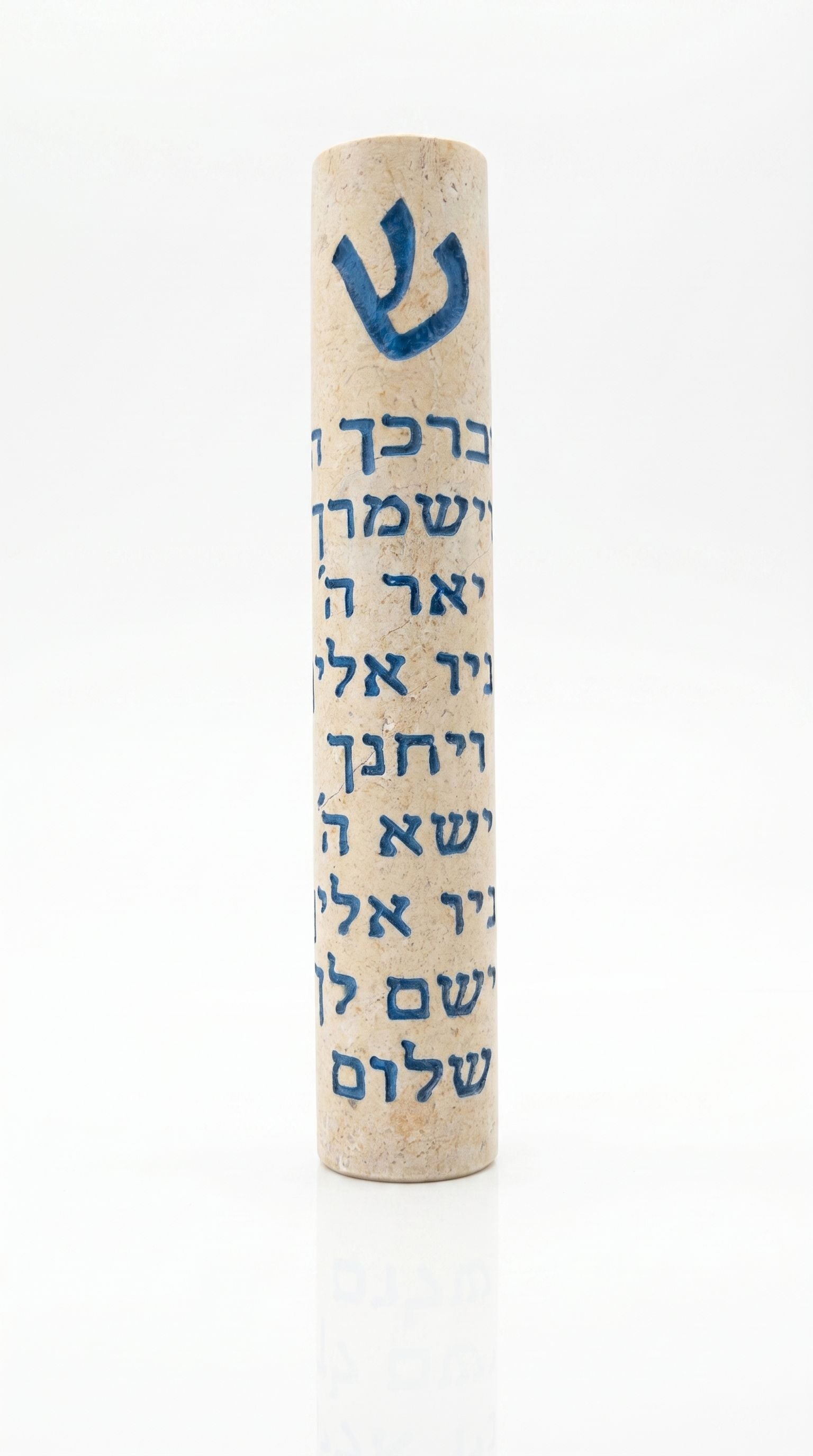 Threefold Blessing Jerusalem stone mezuzah case with blue Shin and full Hebrew Birkat Kohanim inscription