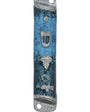 Pewter mezuzah with enamel paint, featuring a floating leaf on a blue background, displayed on a white studio surface with soft reflection.