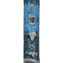 Pewter mezuzah with enamel paint, featuring a floating leaf on a blue background, displayed on a white studio surface with soft reflection.