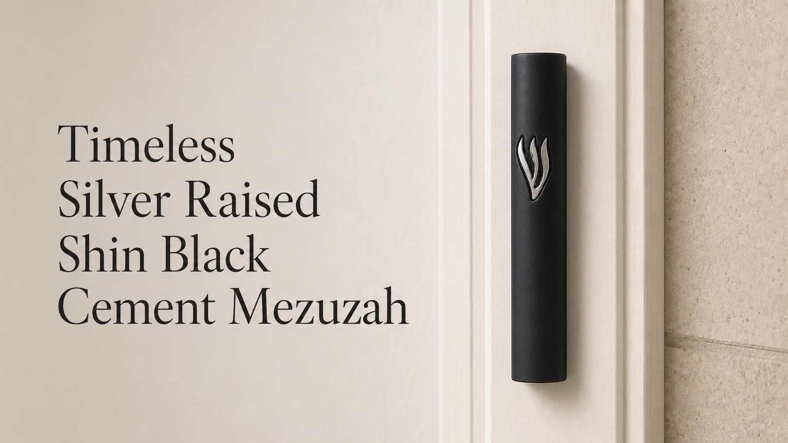 Timeless black cement mezuzah displayed against a minimalist background with a large raised silver-tone Shin, highlighting the matte black rectangular case, bold metallic contrast, and clean contemporary Judaica aesthetic