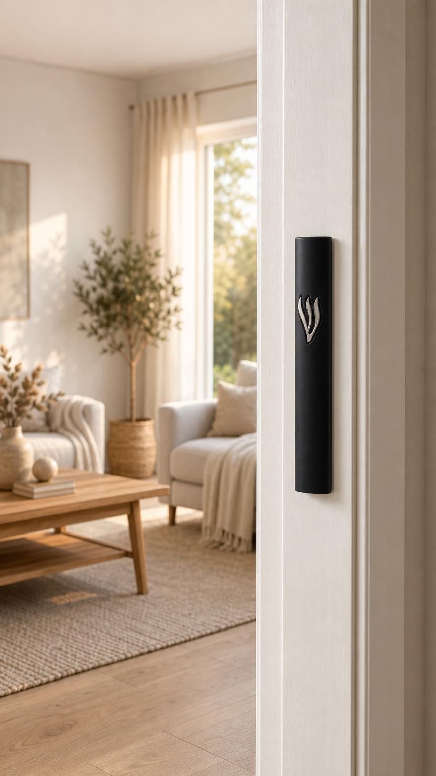 Timeless Raised Silver Shin Black Cement Mezuzah mounted vertically on a light residential doorpost, showing the bold matte black case and raised silver-tone Shin against a bright contemporary Jewish home interior