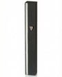 Sleek black silver-striped aluminum mezuzah with screw cap, suitable for outdoor use, made in Israel, measuring 5.5 inches with mounting tape.