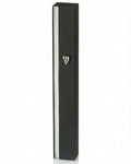 Sleek black silver-striped aluminum mezuzah with screw cap, suitable for outdoor use, made in Israel, measuring 5.5 inches with mounting tape.