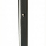 Sleek black silver-striped aluminum mezuzah with screw cap, suitable for outdoor use, made in Israel, measuring 5.5 inches with mounting tape.