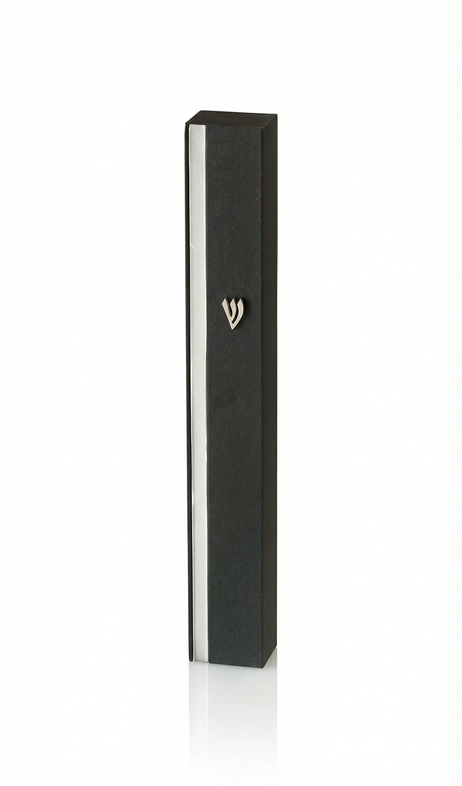 Sleek black silver-striped aluminum mezuzah with screw cap, suitable for outdoor use, made in Israel, measuring 5.5 inches with mounting tape.