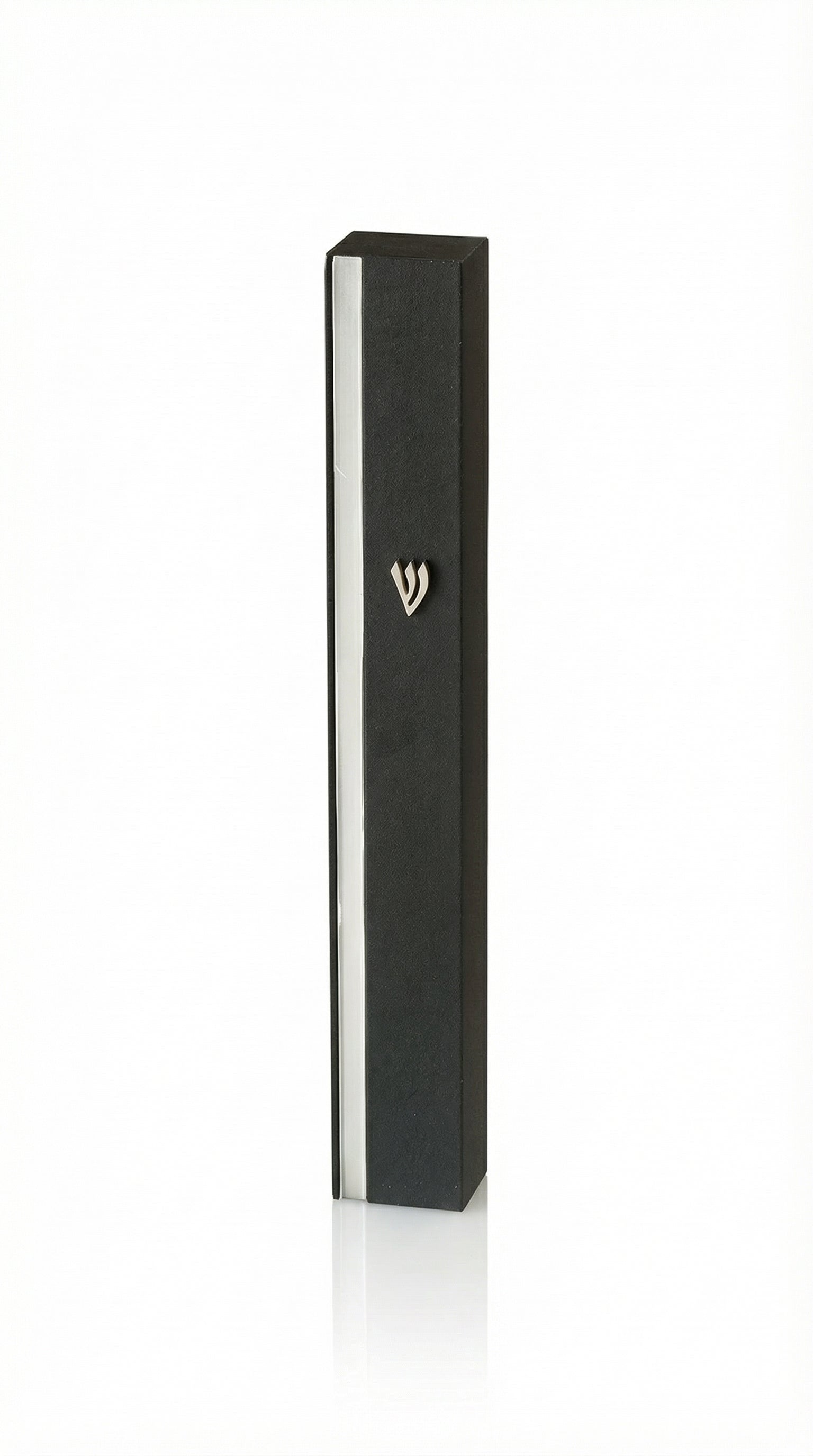 Sleek black silver-striped aluminum mezuzah with screw cap, suitable for outdoor use, made in Israel, measuring 5.5 inches with mounting tape.