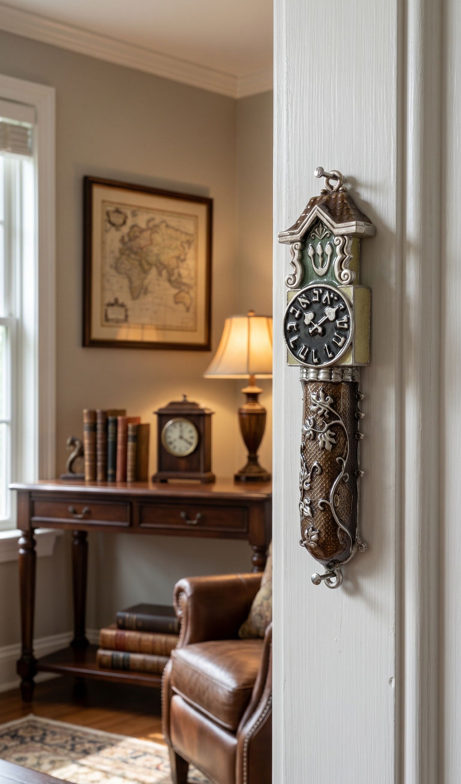 Close-up of Timeless Clock mezuzah with hand-painted clock motif, vine accents, pewter texture, and Hebrew letter Shin.