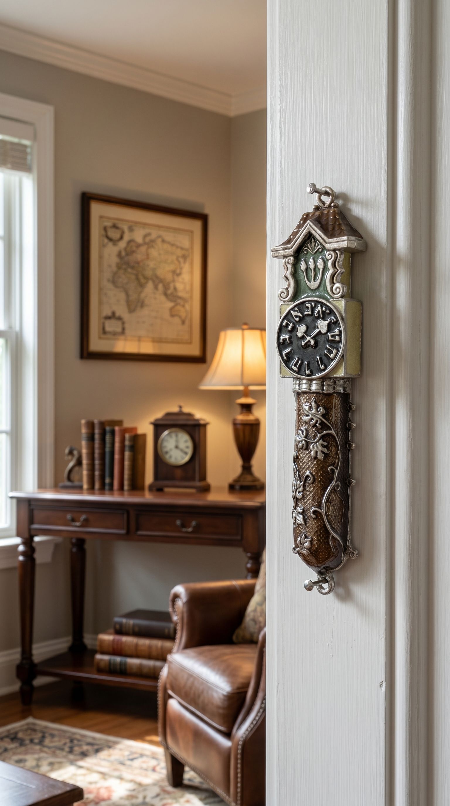 Close-up of Timeless Clock mezuzah with hand-painted clock motif, vine accents, pewter texture, and Hebrew letter Shin.