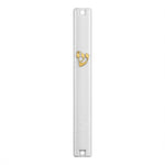 Timeless Gold Shin Large White Outdoor Mezuzah on a white background, a waterproof white acrylic mezuzah case from Israel with a crowned gold Shin and mounting holes at both ends, built for a 6-inch kosher scroll on an outdoor doorpost