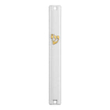 Timeless Gold Shin Large White Outdoor Mezuzah on a white background, a waterproof white acrylic mezuzah case from Israel with a crowned gold Shin and mounting holes at both ends, built for a 6-inch kosher scroll on an outdoor doorpost