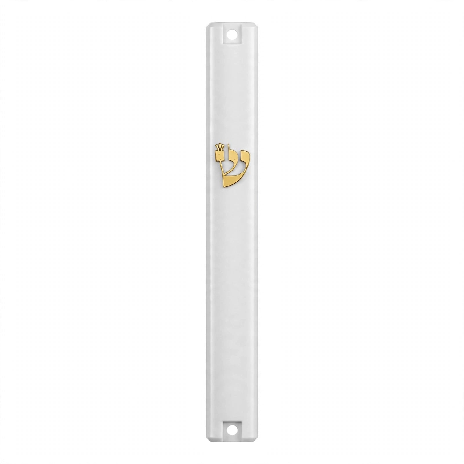 Timeless Gold Shin Large White Outdoor Mezuzah on a white background, a waterproof white acrylic mezuzah case from Israel with a crowned gold Shin and mounting holes at both ends, built for a 6-inch kosher scroll on an outdoor doorpost