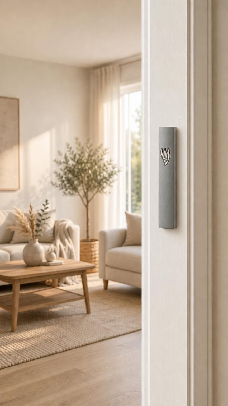 Timeless Raised Silver Shin Gray Cement Mezuzah mounted vertically on a residential doorpost, showing the slim gray cement case and sculptural silver-tone Shin in a bright modern home entrance