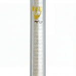 Front view of a 6-inch clear lucite mezuzah on white background with fading reflection, showing detailed design.