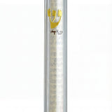 Front view of a 6-inch clear lucite mezuzah on white background with fading reflection, showing detailed design.