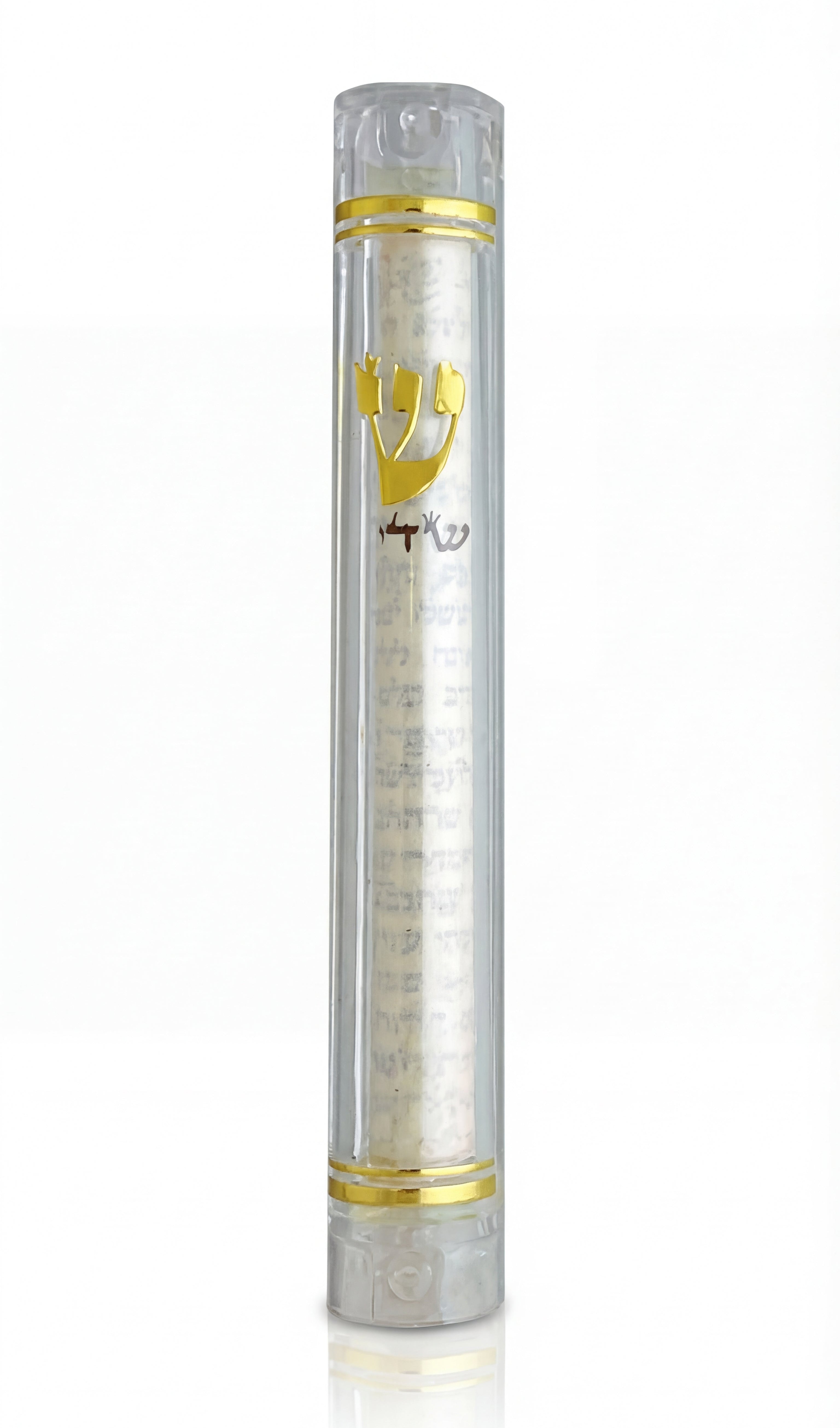 Front view of a 6-inch clear lucite mezuzah on white background with fading reflection, showing detailed design.