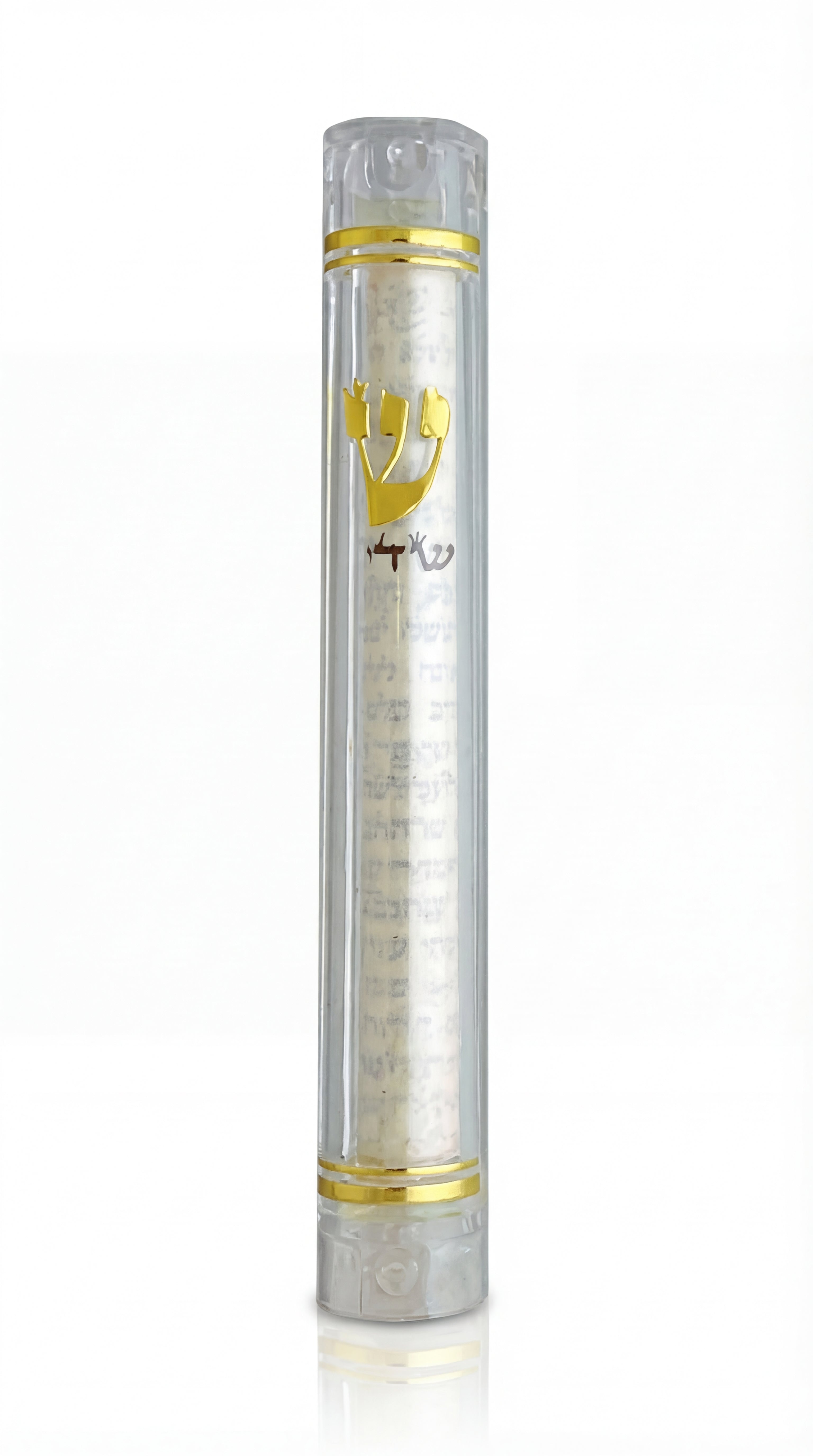 Front view of a 6-inch clear lucite mezuzah on white background with fading reflection, showing detailed design.