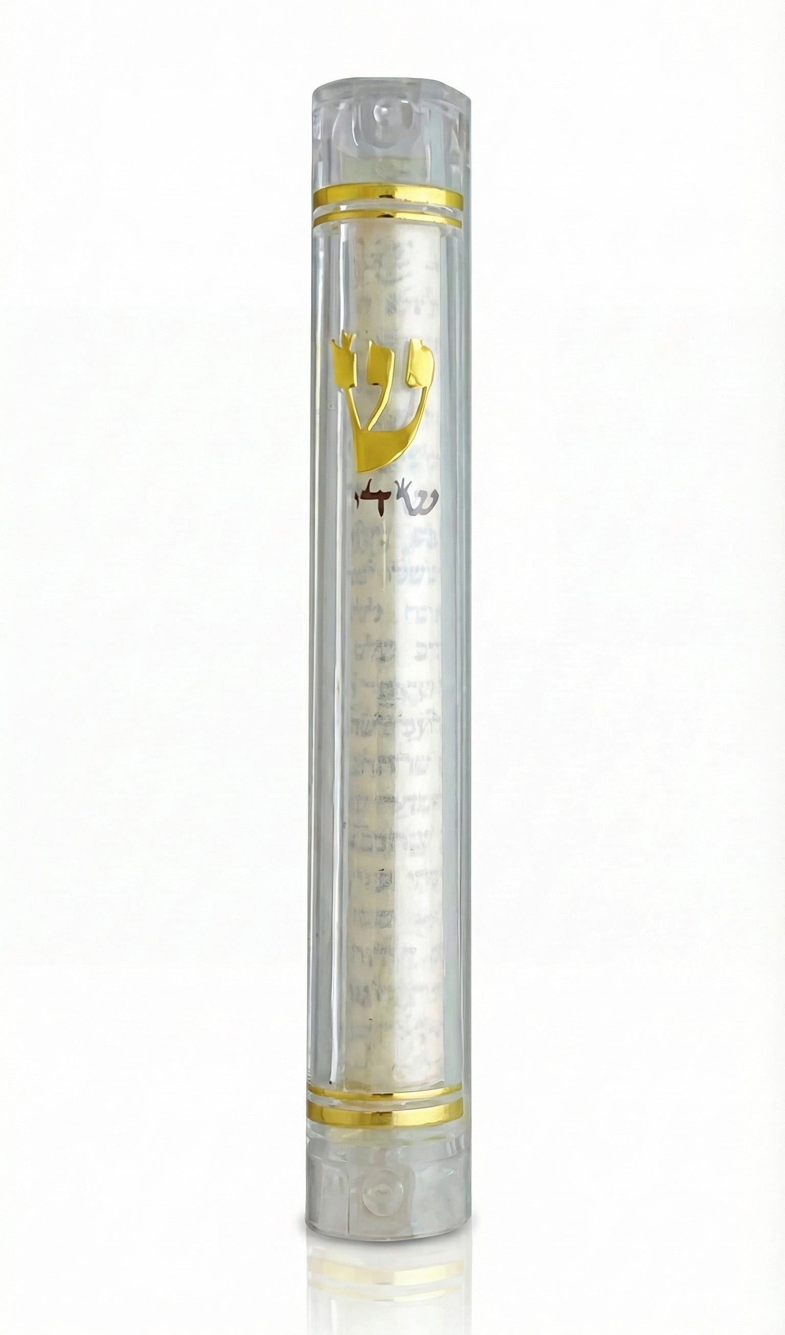 Clear lucite Mezuzah case that's simple, see-through, with a 6-inch size, designed for home door blessing according to Jewish tradition.