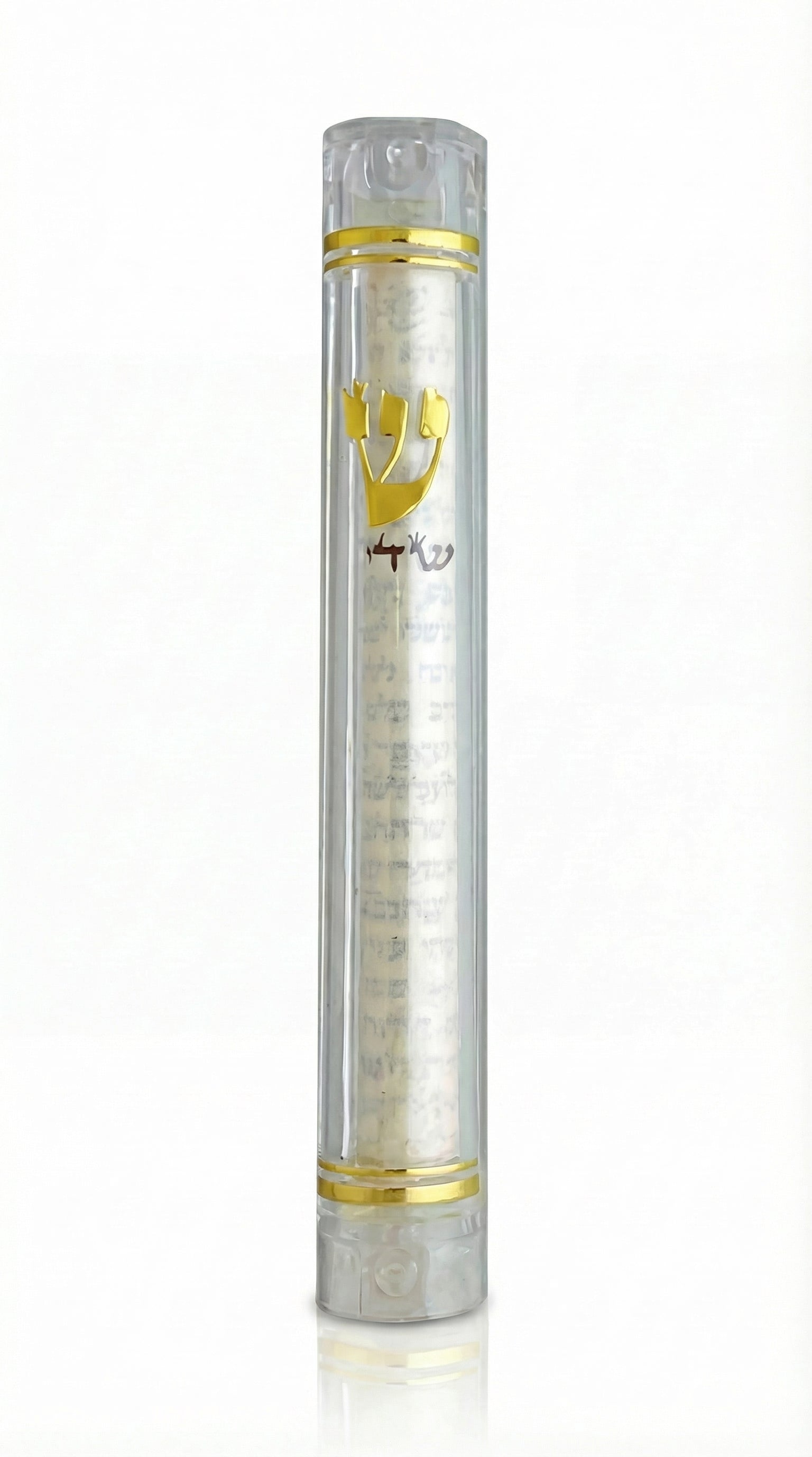 Clear lucite Mezuzah case that's simple, see-through, with a 6-inch size, designed for home door blessing according to Jewish tradition.