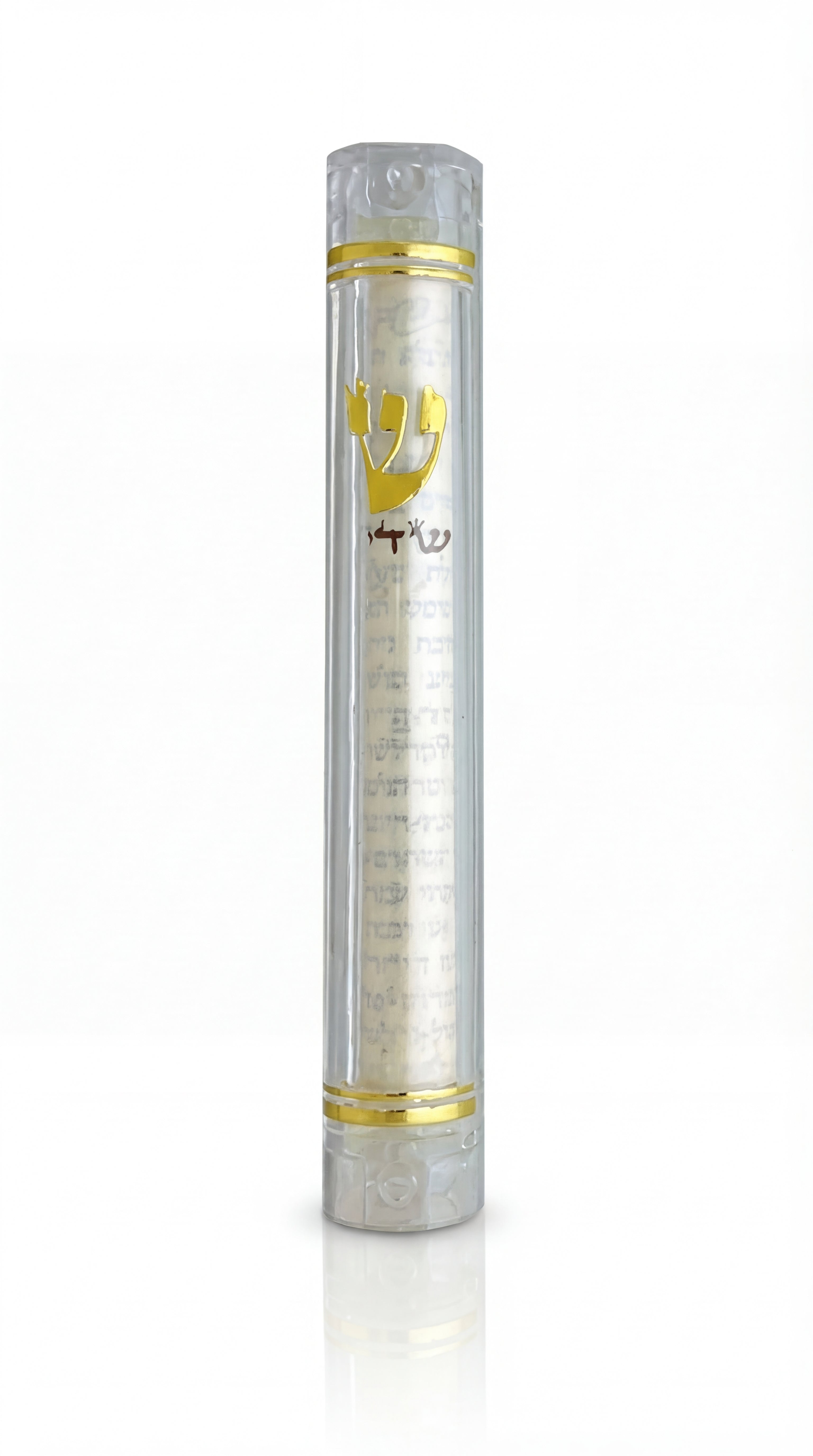 Close-up of a 6-inch clear lucite mezuzah on white background with reflection, emphasis on clarity and details.