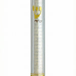 Clear lucite Mezuzah case displaying internal scroll, mounted on a clean white background with a soft reflection below.