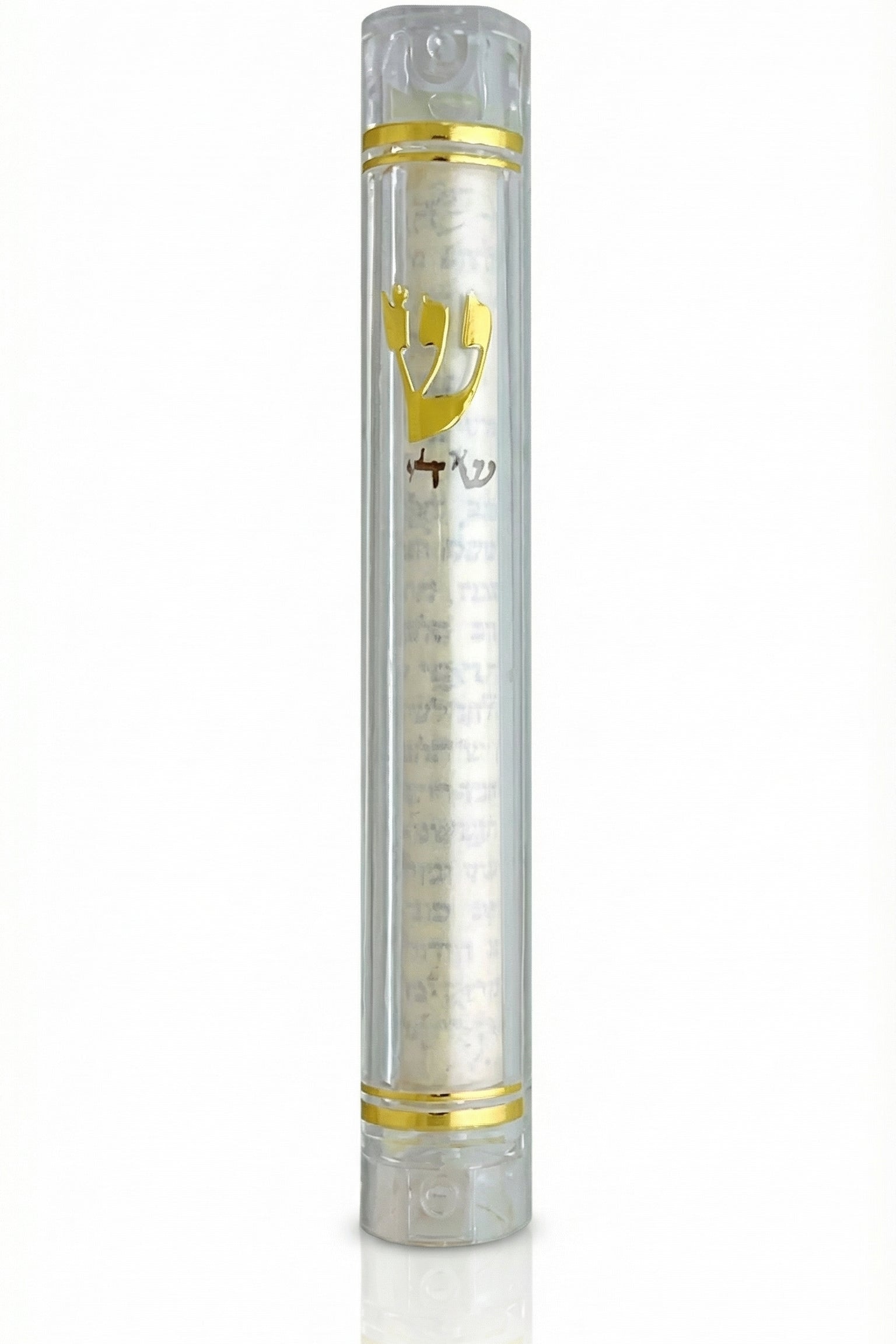 Clear lucite Mezuzah case displaying internal scroll, mounted on a clean white background with a soft reflection below.
