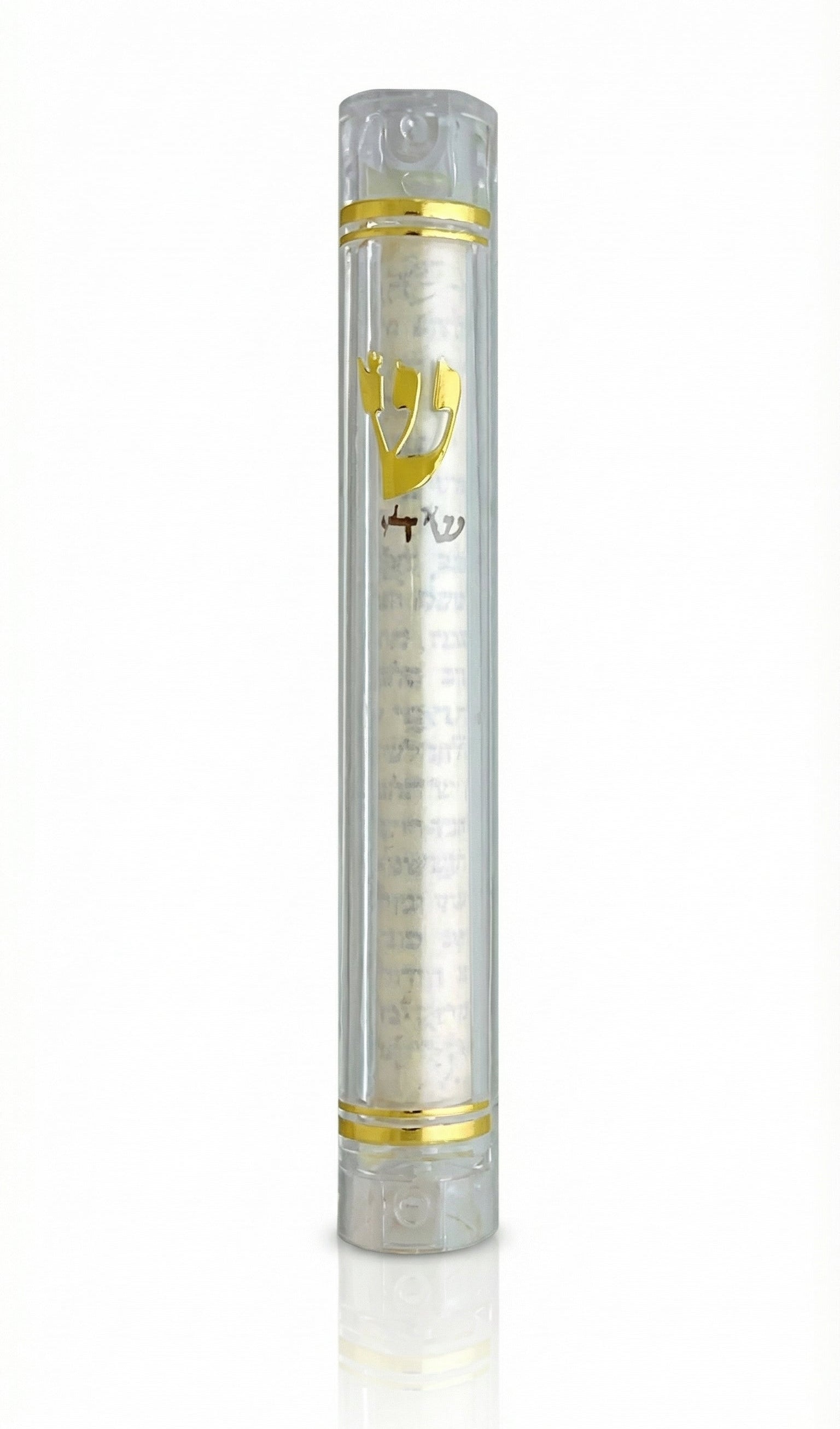 Clear lucite Mezuzah case displaying internal scroll, mounted on a clean white background with a soft reflection below.