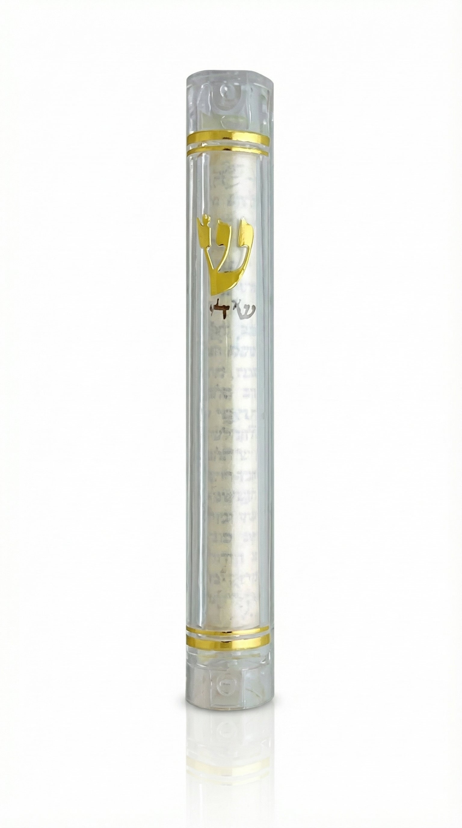 Clear lucite Mezuzah case displaying internal scroll, mounted on a clean white background with a soft reflection below.