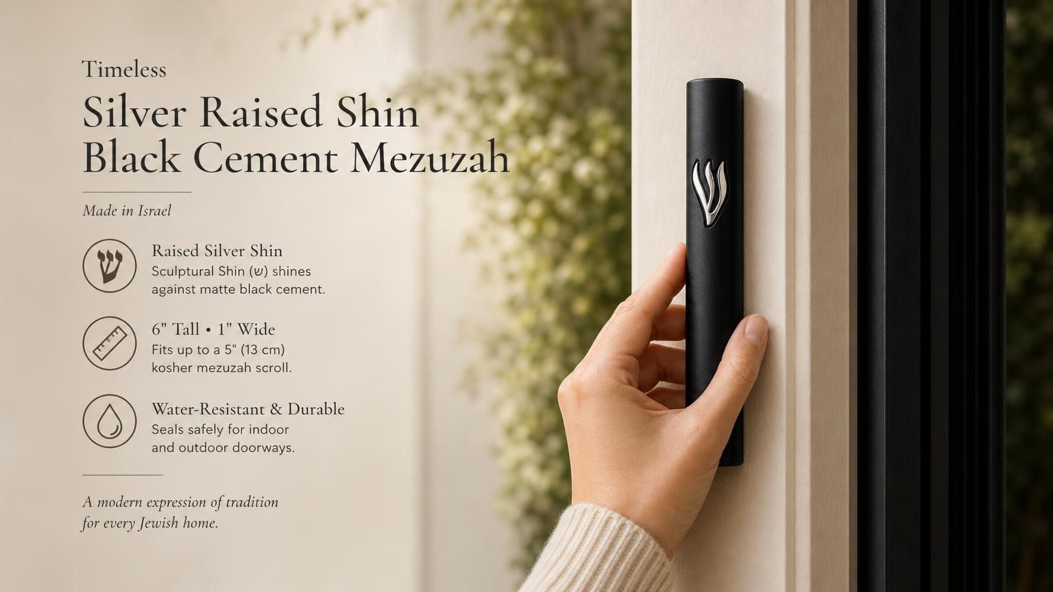 Hand holding a Timeless Raised Silver Shin Black Cement Mezuzah case with a smooth matte black surface and prominent sculptural silver-tone Hebrew Shin, showing the strong black and silver contrast in a contemporary neutral home setting