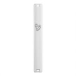 Timeless Silver Shin Large White Outdoor Mezuzah on a white background, a waterproof white acrylic mezuzah case made in Israel with a crowned silver Shin and top and bottom mounting holes, holding a 6-inch kosher scroll at a front door