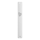 Timeless Silver Shin Large White Outdoor Mezuzah on a white background, a waterproof white acrylic mezuzah case made in Israel with a crowned silver Shin and top and bottom mounting holes, holding a 6-inch kosher scroll at a front door