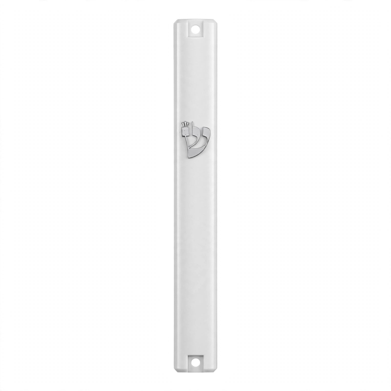 Timeless Silver Shin Large White Outdoor Mezuzah on a white background, a waterproof white acrylic mezuzah case made in Israel with a crowned silver Shin and top and bottom mounting holes, holding a 6-inch kosher scroll at a front door