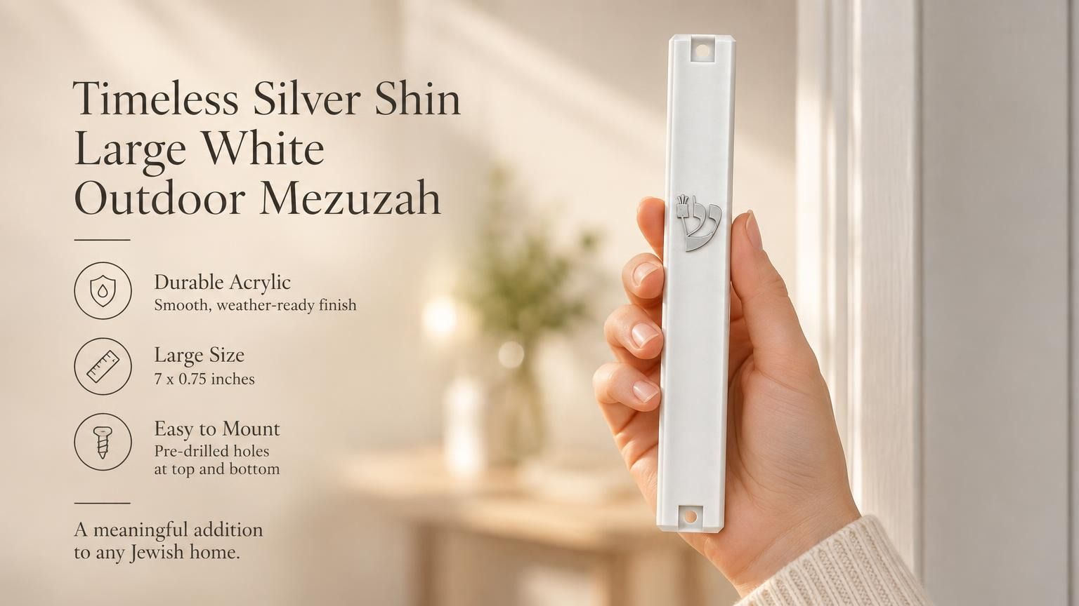 Close up of a hand holding an opaque white mezuzah case with silver Hebrew Shin detailing designed for outdoor use.