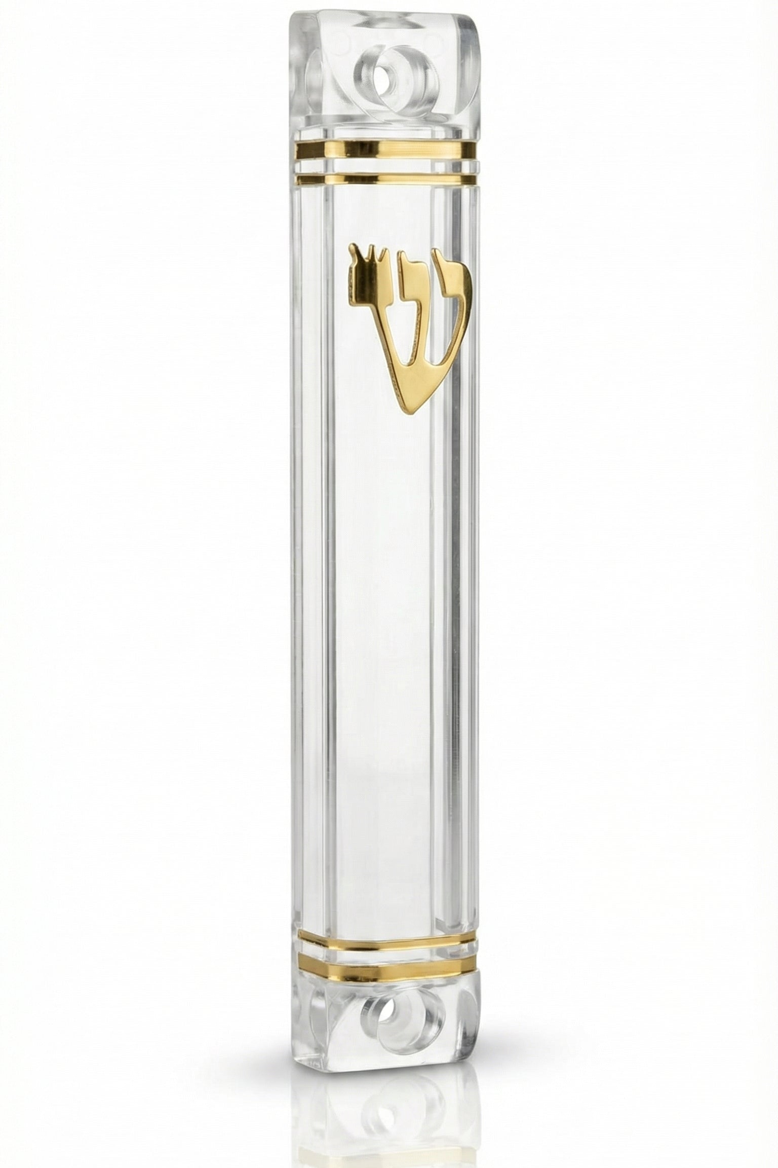 3.5-inch clear lucite mezuzah case with gold accents, transparent design showing the scroll inside, designed for indoor or protected doorways.