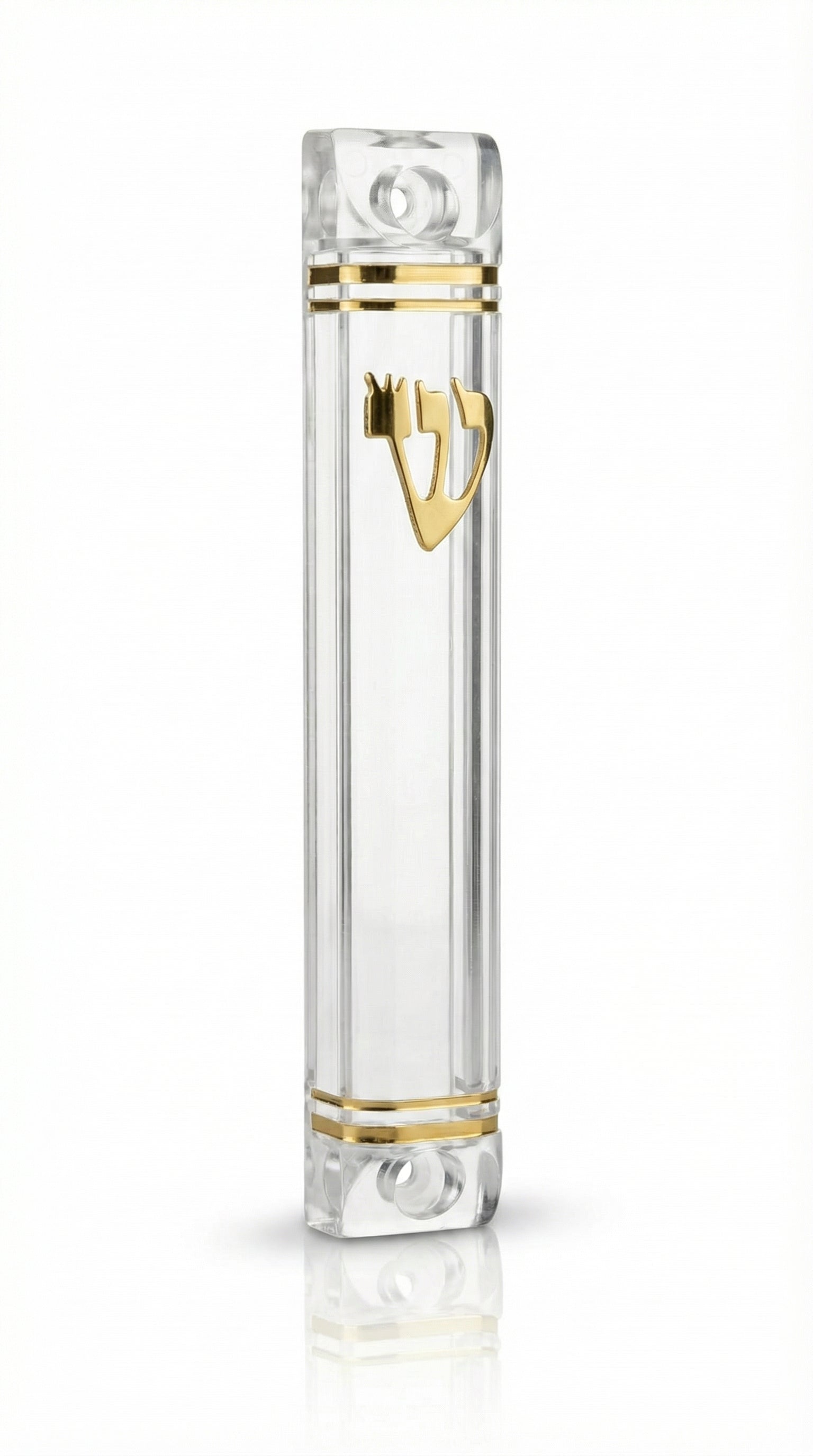 3.5-inch clear lucite mezuzah case with gold accents, transparent design showing the scroll inside, designed for indoor or protected doorways.