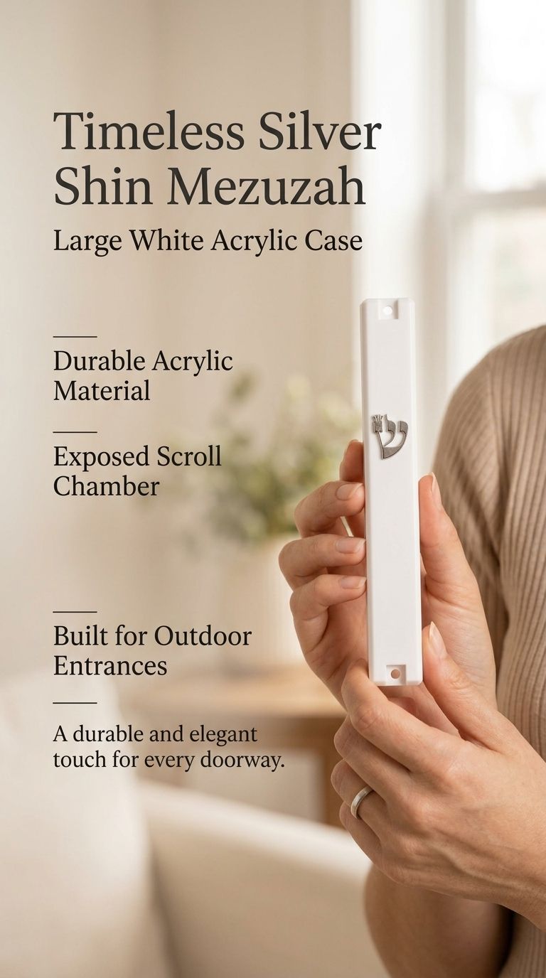 Person's hand holding an opaque white outdoor mezuzah case with a prominent silver Shin symbol.
