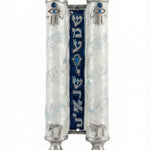 an elegant Torah Chai Mezuzah with Shema Yisrael scroll, pearl white and blue enamel, and Hamsa and chai symbols
