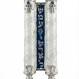 an elegant Torah Chai Mezuzah with Shema Yisrael scroll, pearl white and blue enamel, and Hamsa and chai symbols