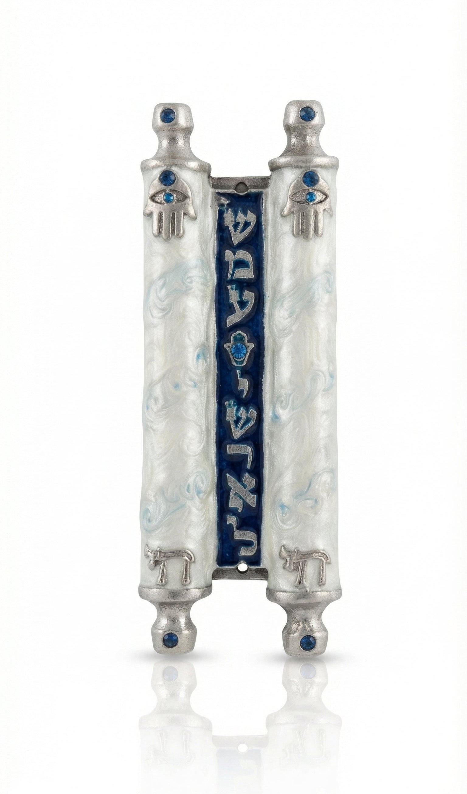 an elegant Torah Chai Mezuzah with Shema Yisrael scroll, pearl white and blue enamel, and Hamsa and chai symbols