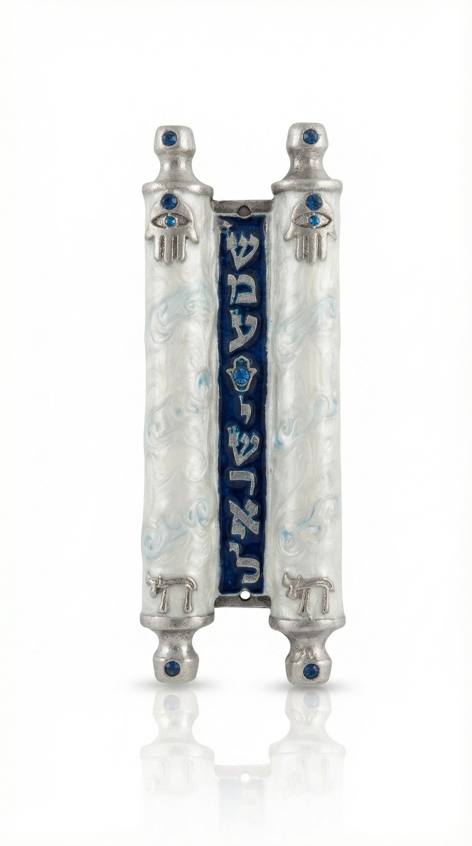 an elegant Torah Chai Mezuzah with Shema Yisrael scroll, pearl white and blue enamel, and Hamsa and chai symbols