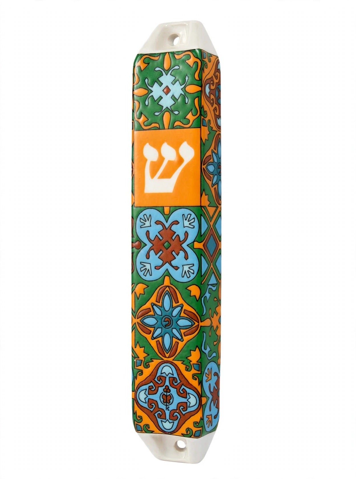Toscana ceramic mezuzah case standing upright on a white background, its hand-painted orange, green and pale blue Mediterranean tile pattern framing a white Hebrew Shin on an orange panel, sized for a 5-inch kosher mezuzah scroll