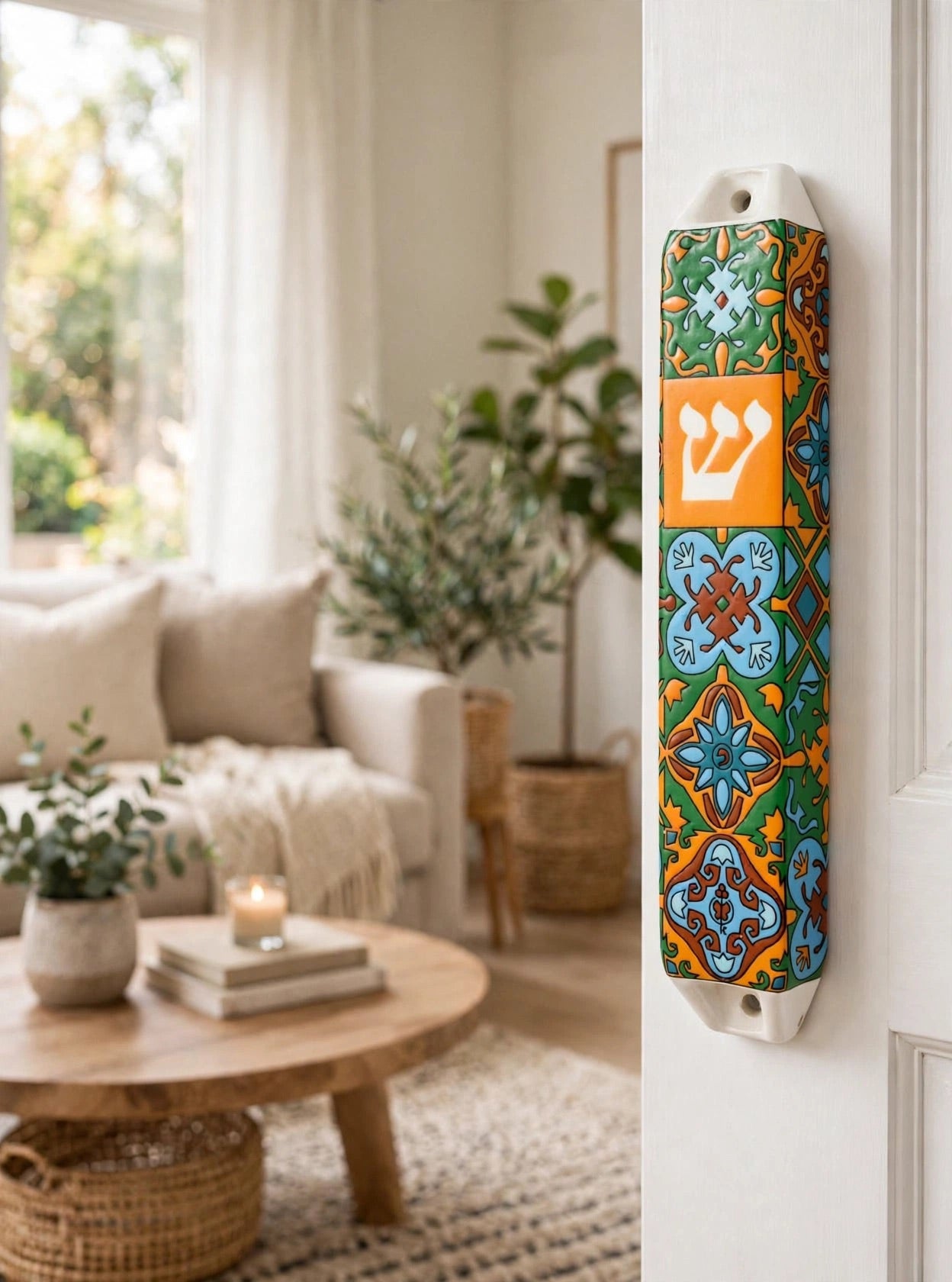 A colorful decorative mezuzah case mounted on a white door in a bright, modern living room. The case features a vibrant mosaic tile pattern in blue, green, orange, and yellow, with a prominent orange panel displaying the Hebrew letter Shin in white