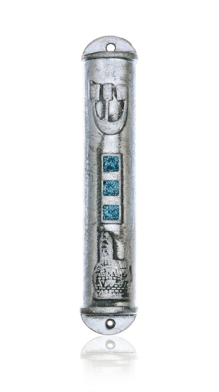 Pewter Mezuzah embossed with Jerusalem's Tower of David, detailed engraving, ideal for doorposts, with clean white background and subtle reflection.