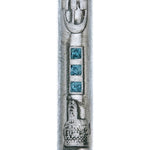 Pewter Mezuzah embossed with Jerusalem's Tower of David, detailed engraving, ideal for doorposts, with clean white background and subtle reflection.