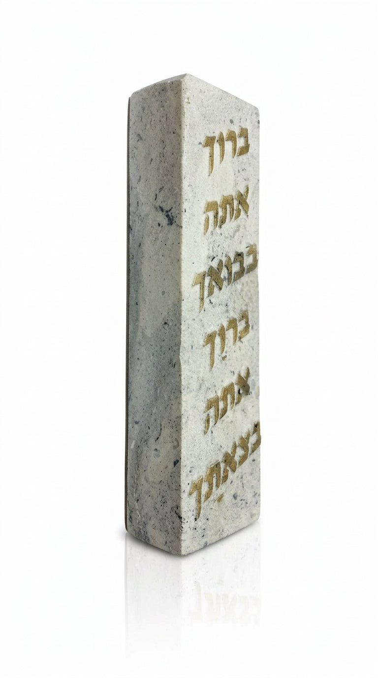 Grey Tiberias stone Mezuzah with Hebrew blessing inscription, 4-inch tall, on white studio background with soft reflection.