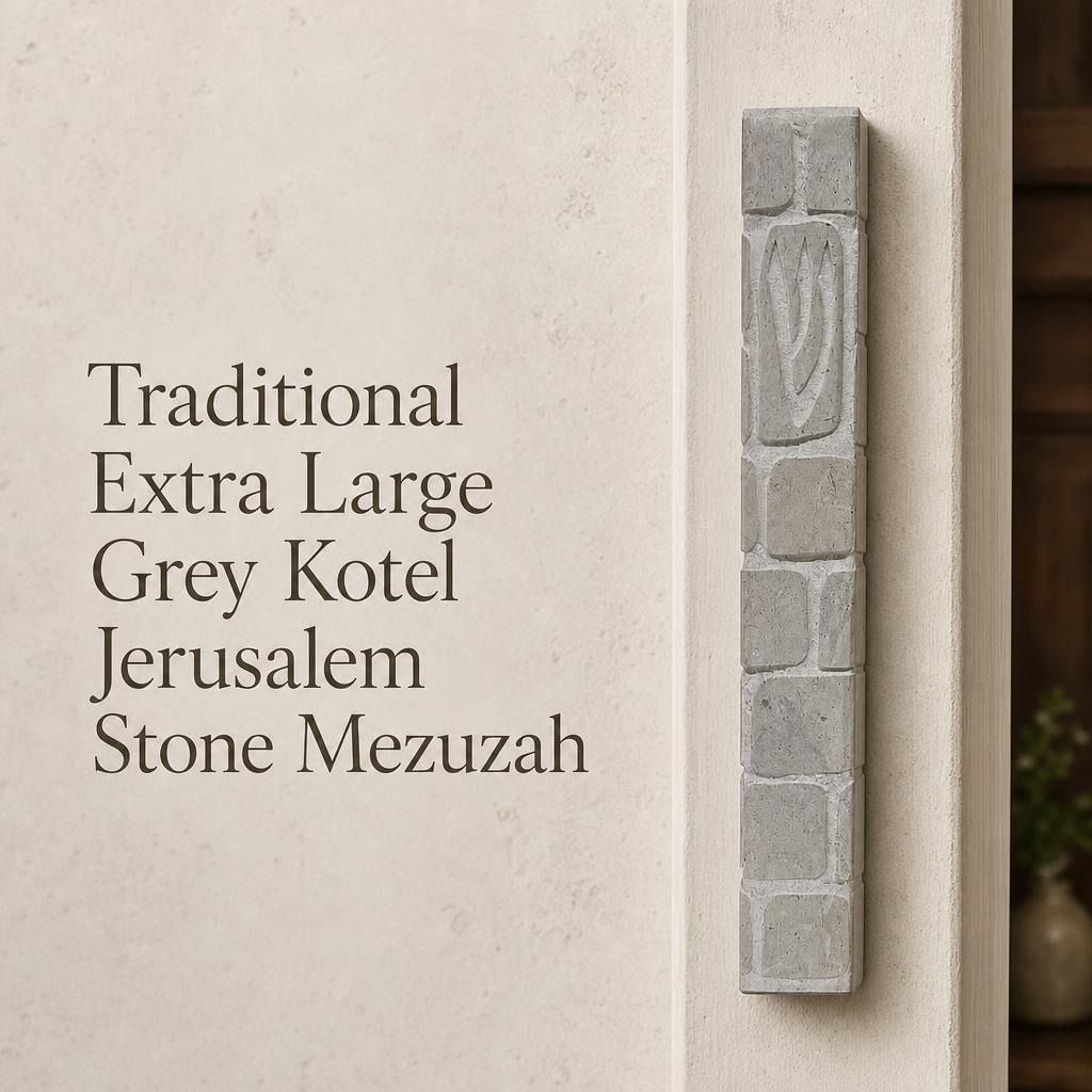 Handcrafted Jerusalem stone mezuzah case with carved Shin symbol, textured surface, and natural grey tones, mounted on a wall.