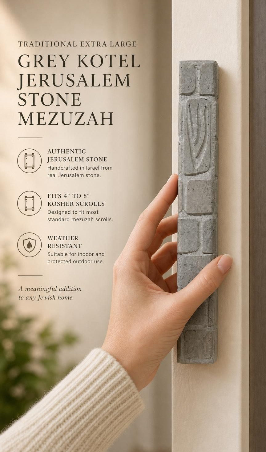 Hand-held view of a handcrafted Jerusalem stone mezuzah case with carved Shin, natural grey tone, on a neutral background.