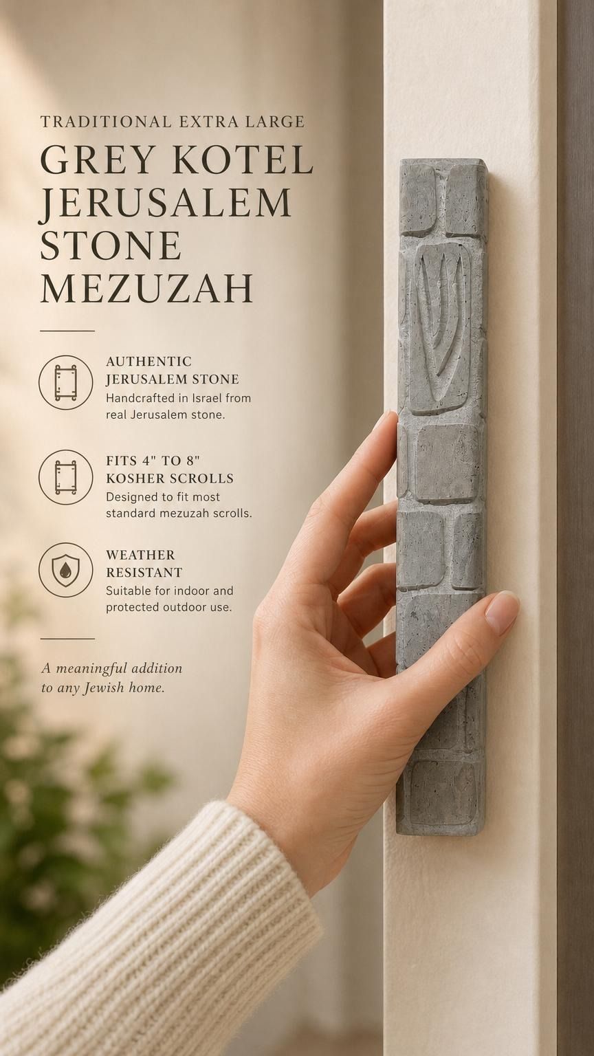 Hand-held view of a handcrafted Jerusalem stone mezuzah case with carved Shin, natural grey tone, on a neutral background.