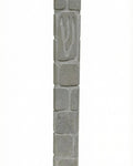 High-quality handcrafted Jerusalem stone mezuzah with carved Shin symbol, textured natural grey stone, in a white studio background with soft reflection.